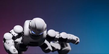 A close-up of a futuristic white robot performing a push-up on a glossy surface against a gradient backdrop.