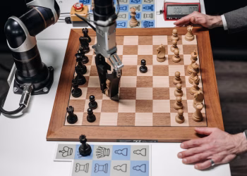 A robotic arm playing chess against a human hand on an electronic chessboard indoors.
