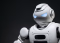 High-tech robot toy with a gray background in studio lighting.