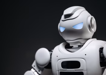 High-tech robot toy with a gray background in studio lighting.