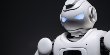 High-tech robot toy with a gray background in studio lighting.