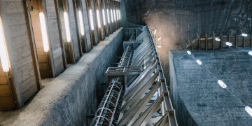 Metal constructions and LED lamps in underground hall of Salina Turda salt mine in Romania
