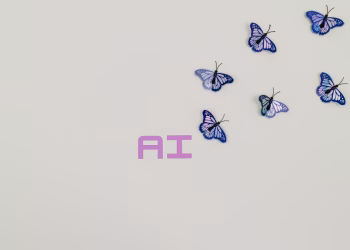 A creative image of butterflies flying over the word 'AI' on a soft pastel background, symbolizing innovation.