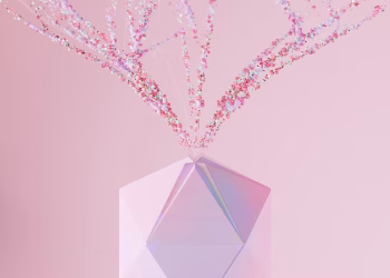 A modern abstract geometric vase with a colorful particle explosion on a pink background.