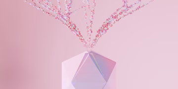 A modern abstract geometric vase with a colorful particle explosion on a pink background.