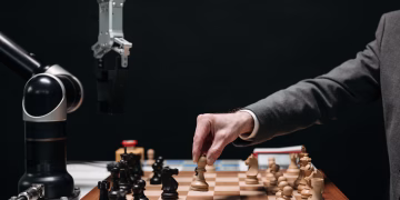 A robotic arm plays chess against a human, symbolizing AI innovation and strategy.