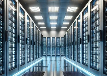 DALL·E 2025-01-31 21.58.22 - A realistic image of the interior of a modern data center. The scene features long rows of tall, sleek server racks filled with blinking LED lights. T