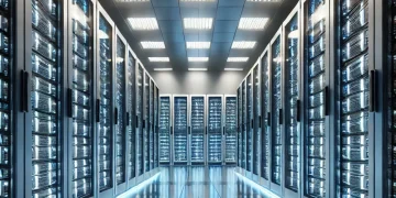 DALL·E 2025-01-31 21.58.22 - A realistic image of the interior of a modern data center. The scene features long rows of tall, sleek server racks filled with blinking LED lights. T