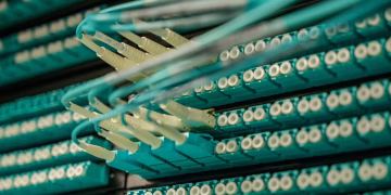 Detailed view of fiber optic cables connected to a server rack, showcasing modern technology.
