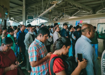 A bustling scene of commuters waiting on a Mumbai train station platform. Captures Mumbai's daily life.