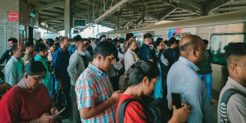 A bustling scene of commuters waiting on a Mumbai train station platform. Captures Mumbai's daily life.