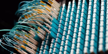 From below of long thin identical blue cables connected to small round electrical connectors