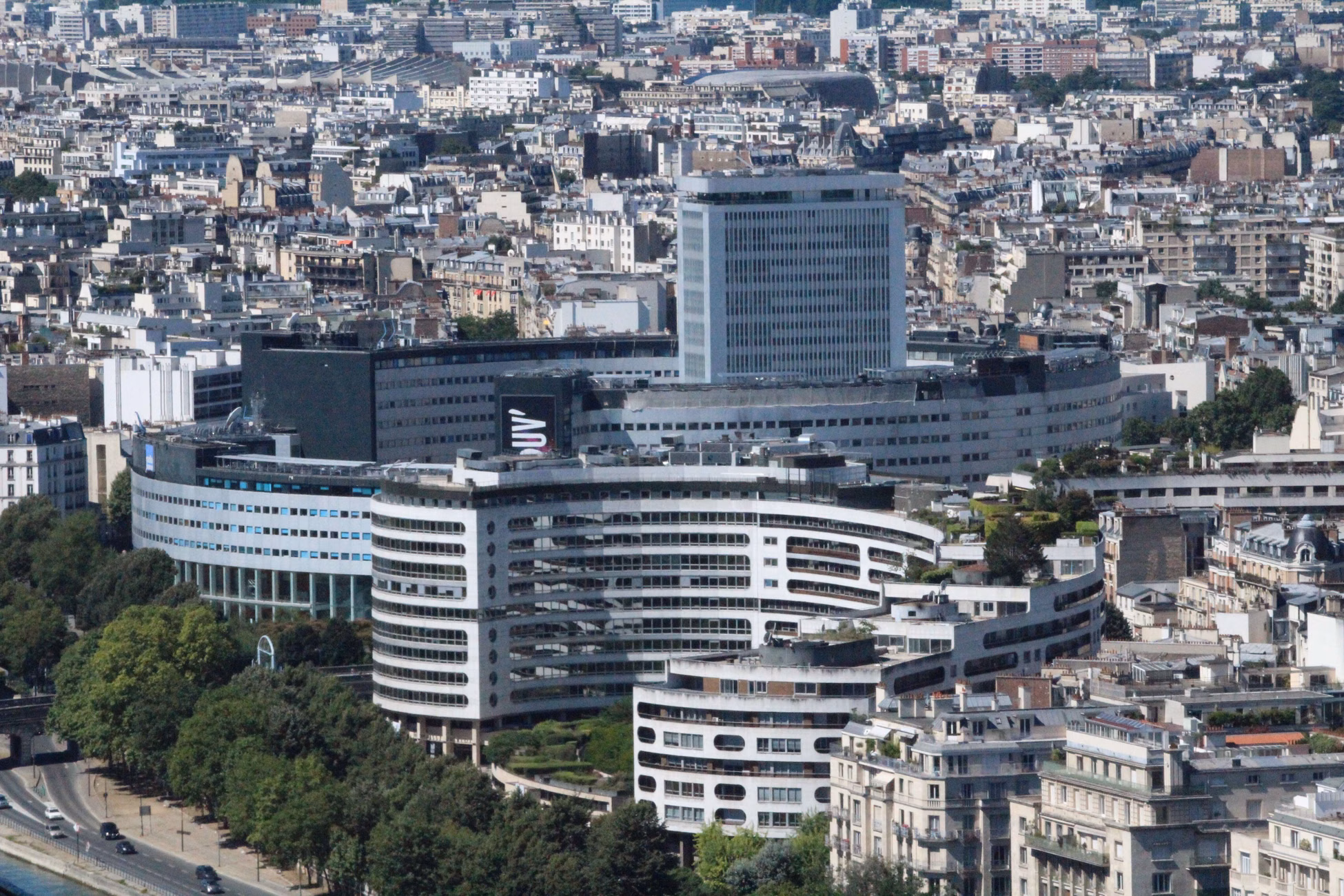 Aerial view of modern and historic architecture in central Paris, France.