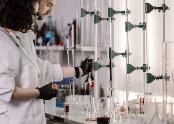 Scientists in lab coats work with test tubes in a modern laboratory.
