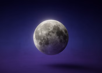 A stunning realistic 3D rendering of the full moon against a dark blue background.