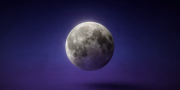 A stunning realistic 3D rendering of the full moon against a dark blue background.