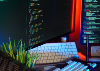 A vibrant workspace showing computer monitors with code, keyboard, and tech accessories.