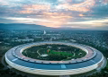 Stunning aerial view of Apple Park in Cupertino, California during a beautiful sunset.