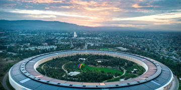 Stunning aerial view of Apple Park in Cupertino, California during a beautiful sunset.