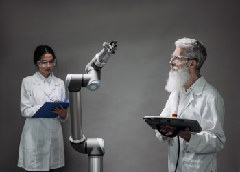 Two scientists working with a robotic arm in a lab setting, focusing on innovation and technology.