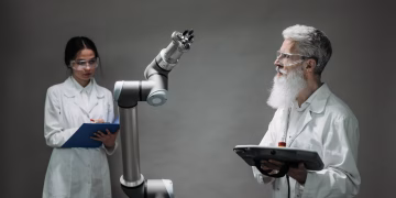 Two scientists working with a robotic arm in a lab setting, focusing on innovation and technology.