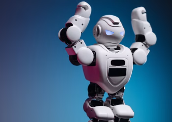 A white humanoid robot in a studio setting showcasing advanced robotics and modern technology.