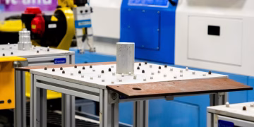 Close up of machinery in an industrial setting showcasing automation and technology.