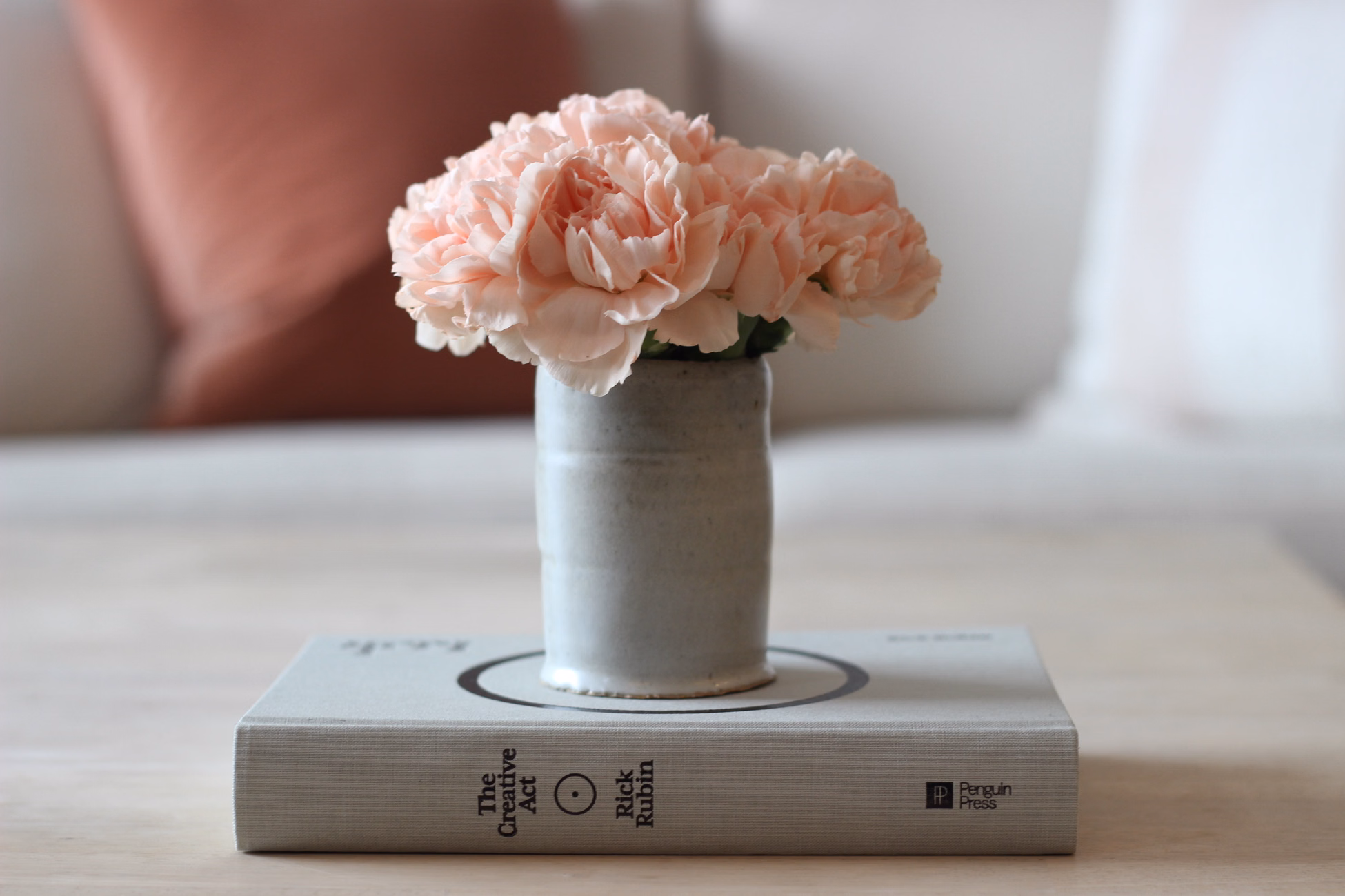 A vase of pink carnations elegantly placed on a book indoors.
