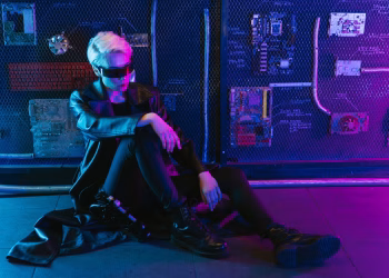 Cyberpunk portrait featuring a person in a futuristic outfit with neon lighting.