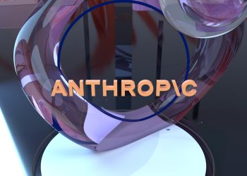 Anthropic text with abstract transparent purple and orange shapes.