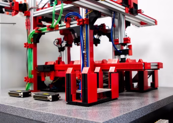 Close-up view of a robotic assembly machine with vibrant red and metallic components.