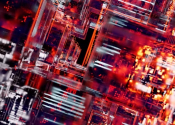 Intricate abstract visualization of digital circuit blocks with vibrant LED lights, showcasing technology and innovation.