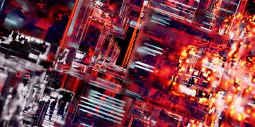 Intricate abstract visualization of digital circuit blocks with vibrant LED lights, showcasing technology and innovation.
