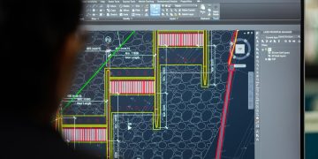 A civil engineer working on a weir design using CAD software on a computer screen in an office setting.