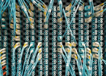 Top view of fiber optic cables connected to ports in modern data server