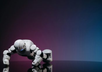 White robot doing push-ups on reflective surface, futuristic concept.