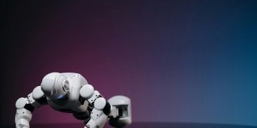 White robot doing push-ups on reflective surface, futuristic concept.
