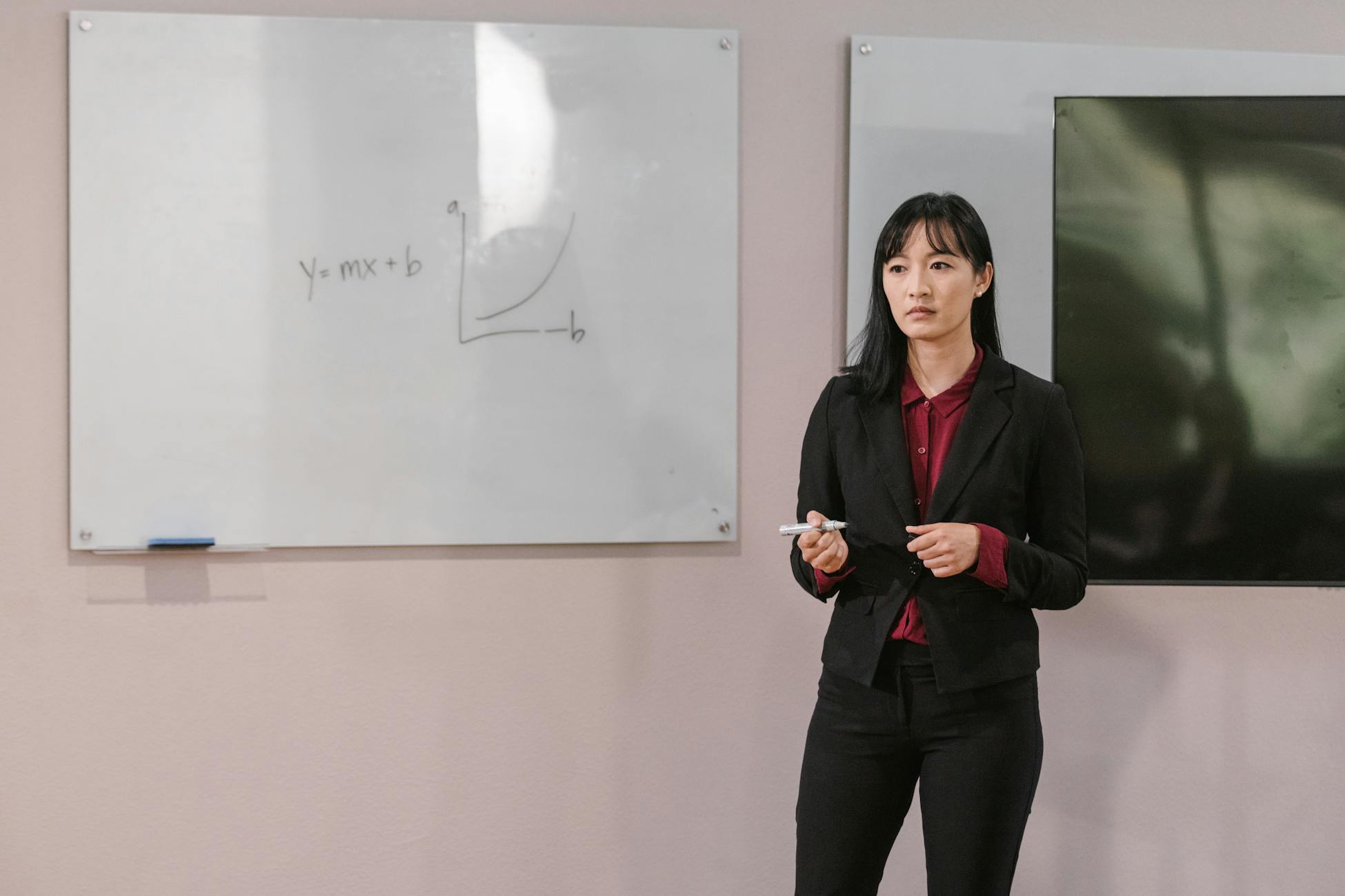 Businesswoman presenting on a whiteboard explaining financial concepts indoors.