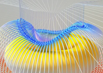 A dynamic 3D render with vibrant colors and a wireframe pattern, symbolizing modern technology.