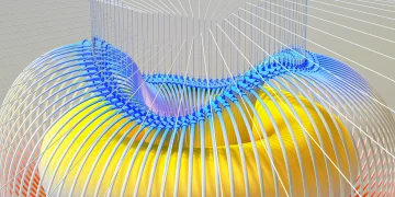 A dynamic 3D render with vibrant colors and a wireframe pattern, symbolizing modern technology.