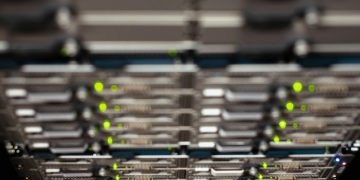 From above contemporary server cable trays without wires located in modern data center