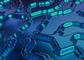 High-tech abstract art featuring blue and teal circuit-like patterns with a digital vibe.
