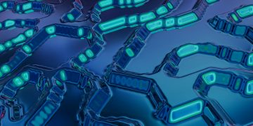 High-tech abstract art featuring blue and teal circuit-like patterns with a digital vibe.