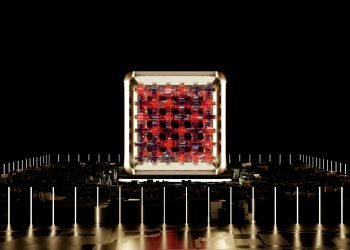 Abstract representation of a futuristic digital processor with glowing elements.