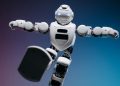 Close-up of a humanoid robot in motion, showcasing modern robotics innovation.