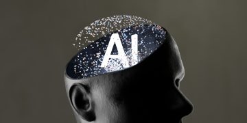 Artificial intelligence concept within a human head