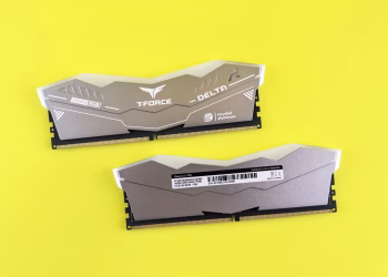T-Force Delta RGB DDR5 memory modules on vibrant yellow surface.