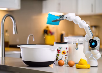 A robotic arm carefully pouring ingredients into a mixing bowl in a modern kitchen setting.