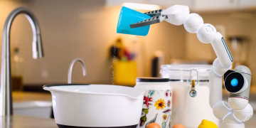 A robotic arm carefully pouring ingredients into a mixing bowl in a modern kitchen setting.