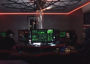 Team of hackers with Guy Fawkes masks coding in a dark room with computers.
